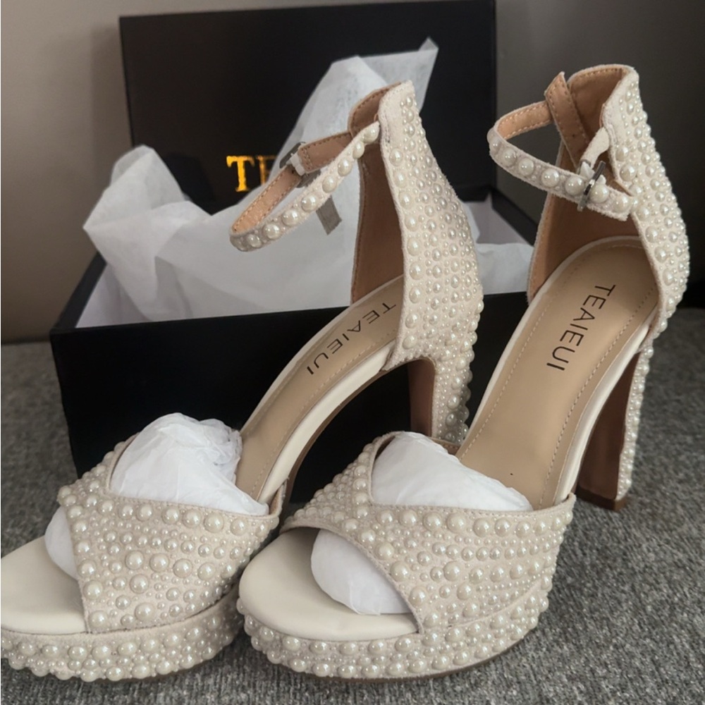 Pearl-Embellished Ivory Platform Heels